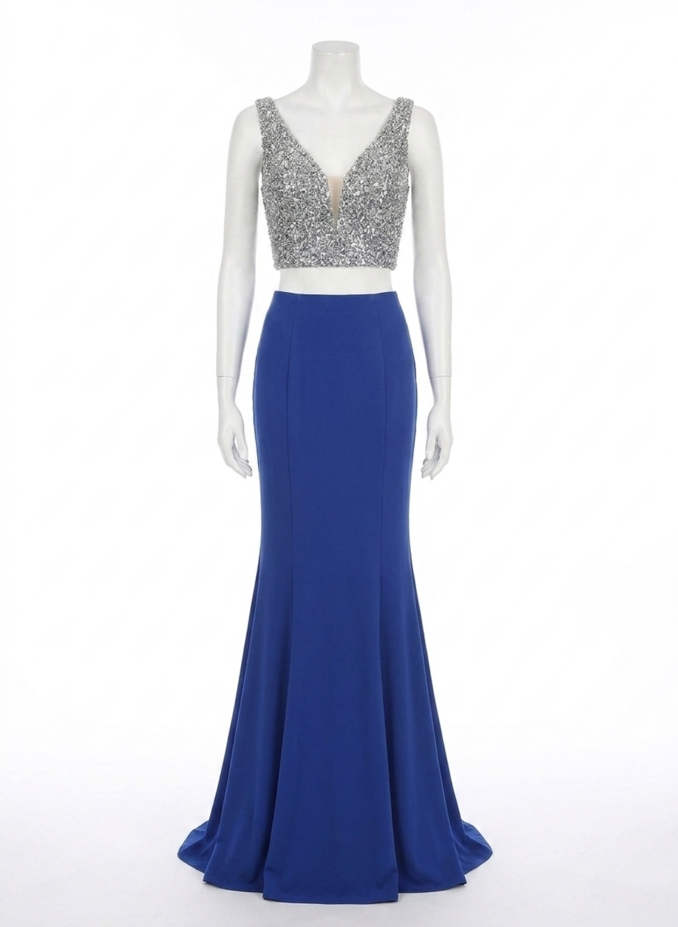 NEW RACHEL ALLAN two-piece jersey prom dress in royal
